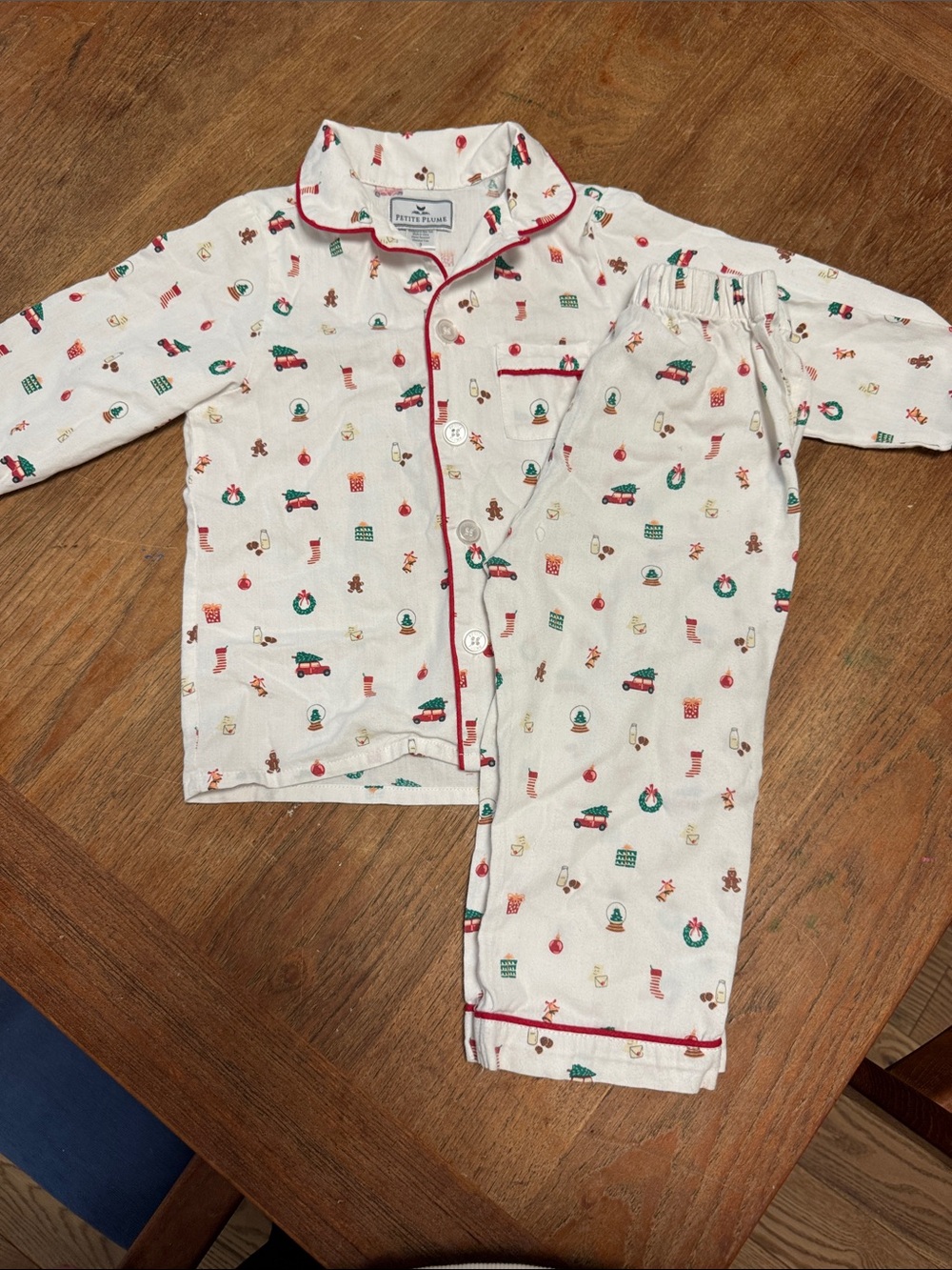 Petit Plume Holiday Print Kids Pajama Set - White with Red Trim